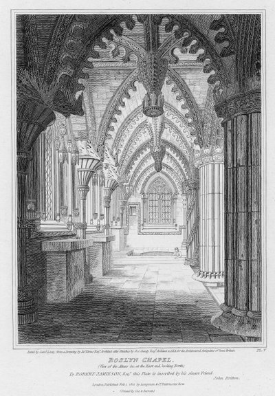 Roslyn Chapel, Blick auf die Altäre am Ostende nach Norden, graviert von Samuel Lacey, 1811 von James Elmes